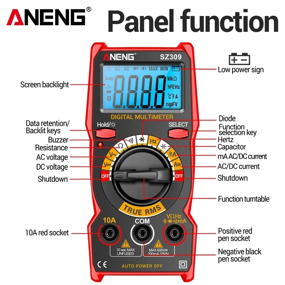 ANENG SZ309 레드 멀티미터, AC DC 전압 전류 테스터, 디지털 백라이트, 휴대 용이, 전기 기기 멀티미터 도구