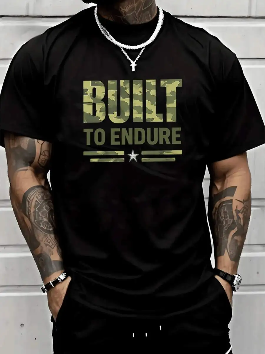 

Built To Endure Camo Men's Graphic Print Cotton TShirt Military Inspired Casual Tee For Workout,Gym