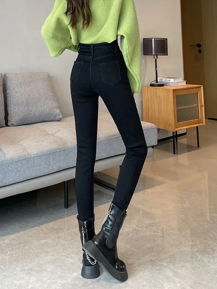 Skinny Women\'s Warm Jeans Winter Thicken Fleece Stretch High Waist Pencil Pants Fashion Korean Black Blue Gray Velvet