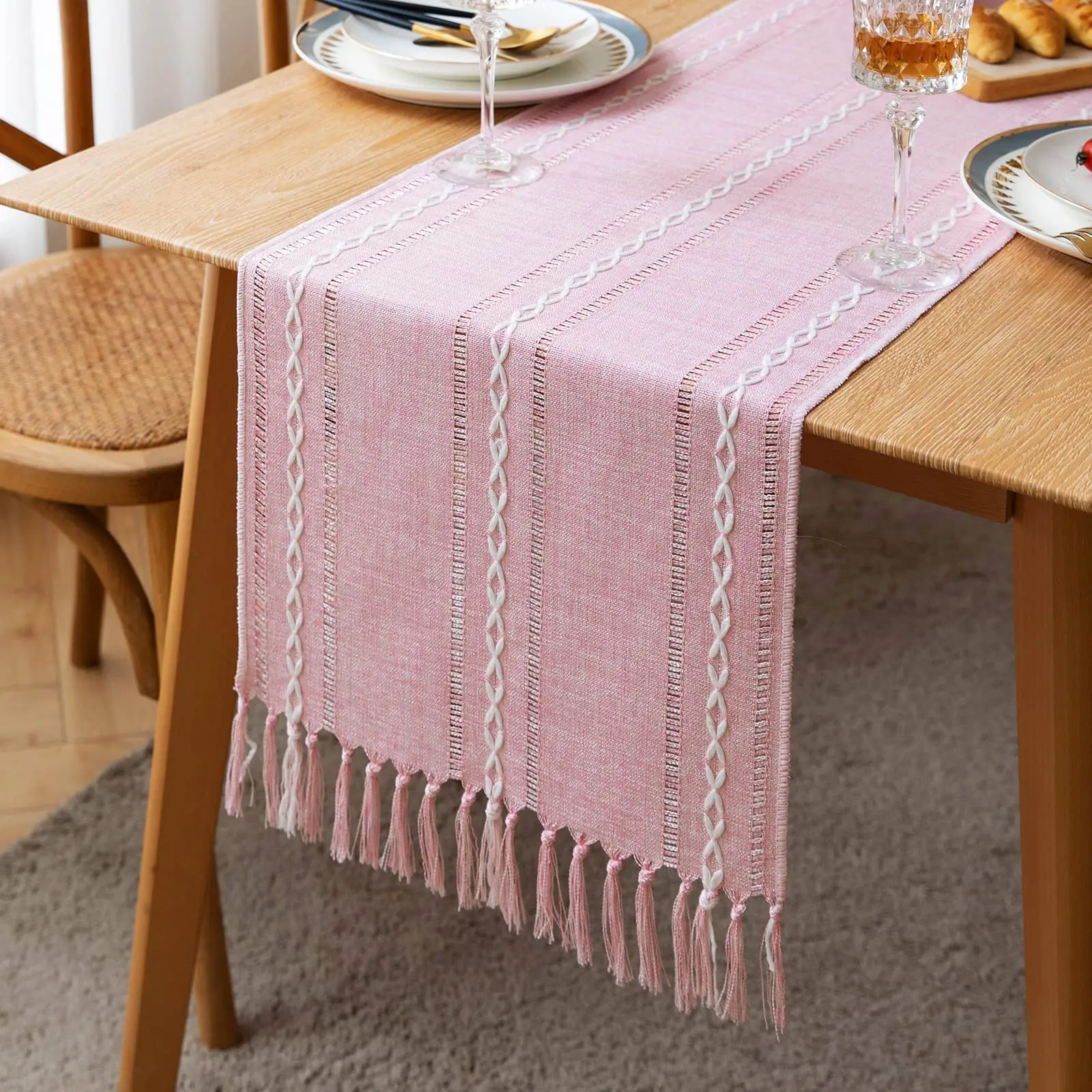 

Rustic Linen Table Runner, Boho Table Runner, Braided Striped Pink Table Runner for Dining Party and Holiday