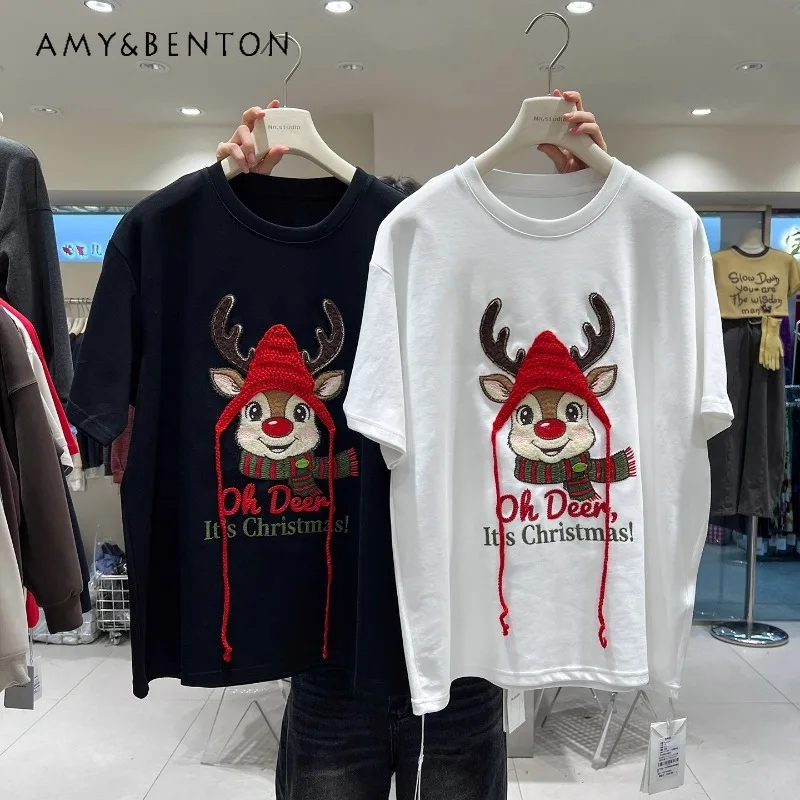 

Christmas Deer Embroidery Y2k Loose Oversized T-shirt Thick Embroidery Rhinestone Mid-Length Hip-Covering Half-Sleeves Top Tees