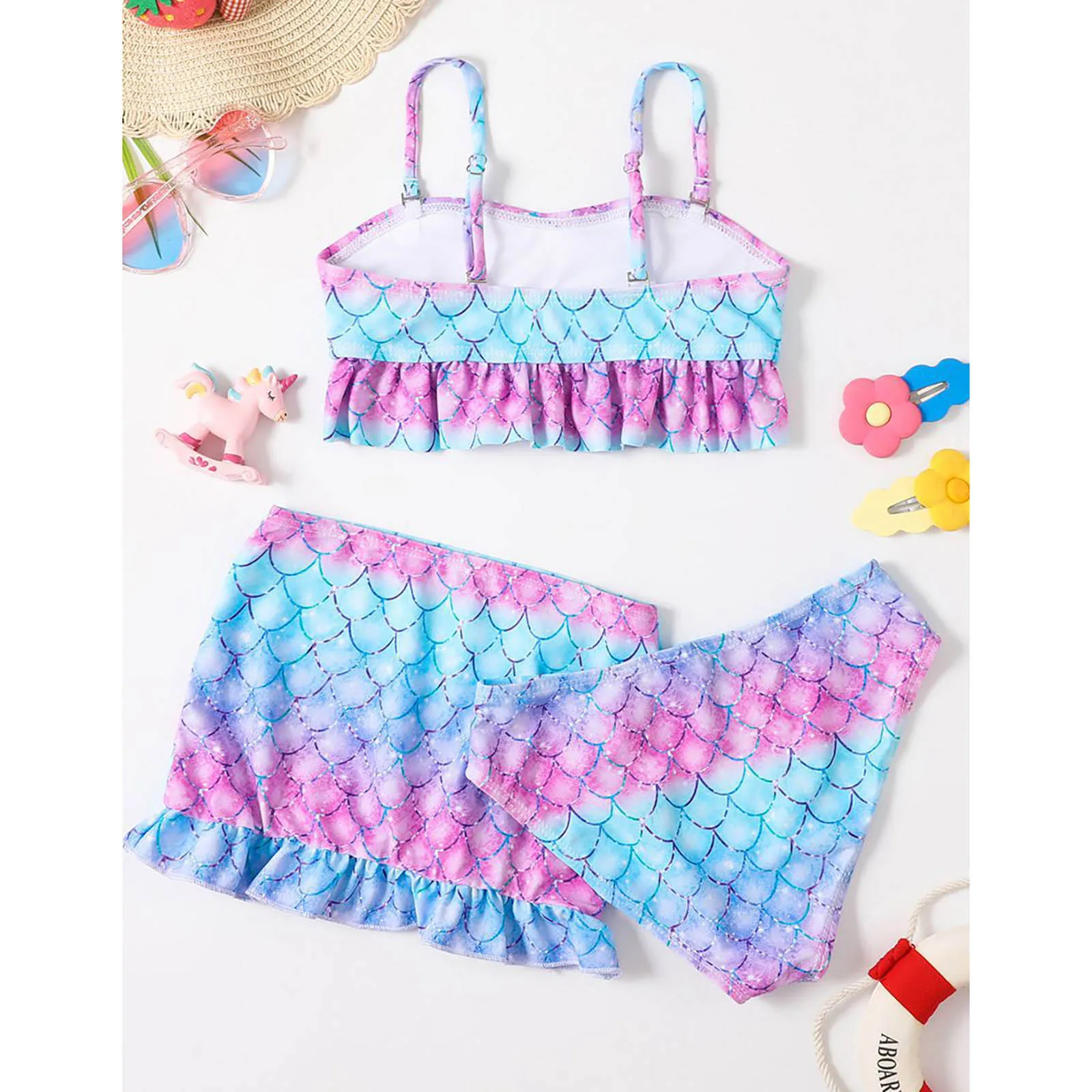 3Pcs Swimsuit Kids Girls Swimwear Sets Fish Scales Print Mermaid Ruffle Swim Briefs and Cover Up Skirt Beachwear Bikini Suits