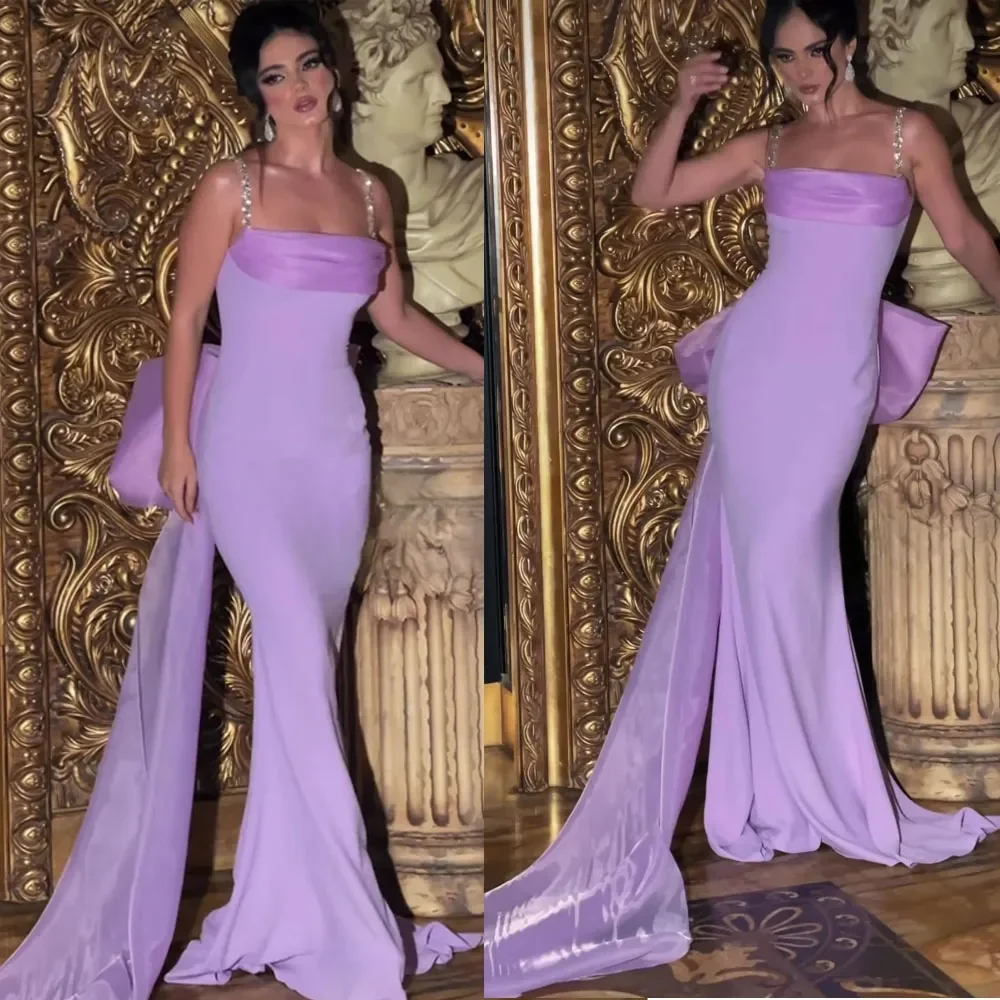 

Lilac Spaghetti Strap Evening Dresses Organza Bow Pleat Bead Sequin Satin Sweep Train Formal Evening Dress Customized