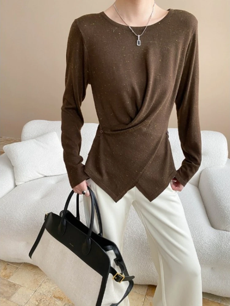 

2025 Spring Autumn New Knitted Bottoming T-shirts Irregular Slim Fit Cross O-neck Top for Women Korean Style Blusas Mujer