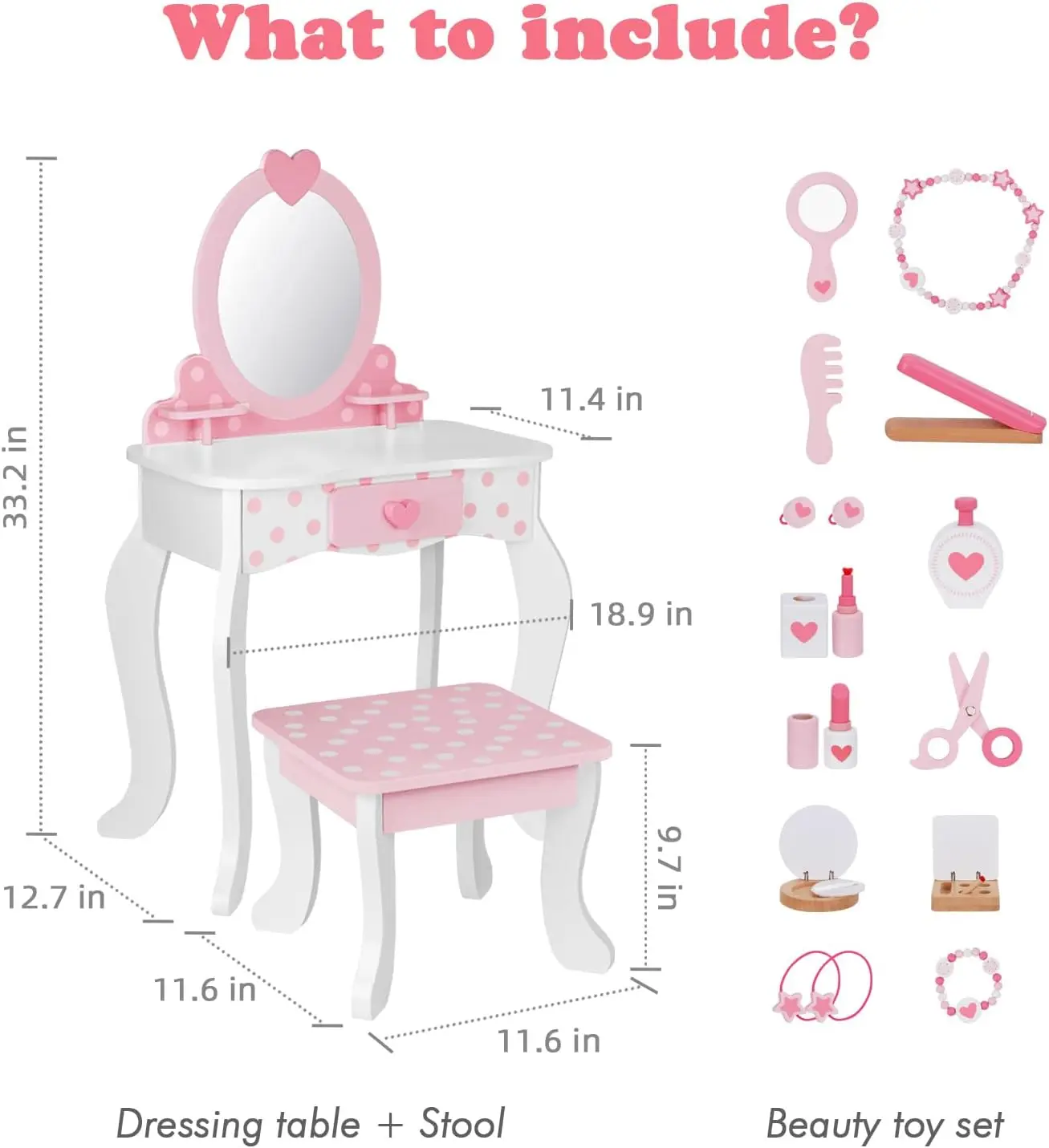 Pink Kids Vanity Set with Mirror, Table, Chair & 15 Makeup Accessories - Storage Drawer Included