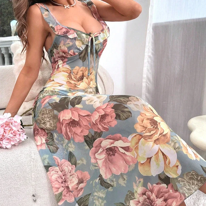 Vestido Sexy para mujer, camisón con estampado Floral, elegante, con cuello en V, volantes, ajustado, temperamento, camisón informal, vestidos largos