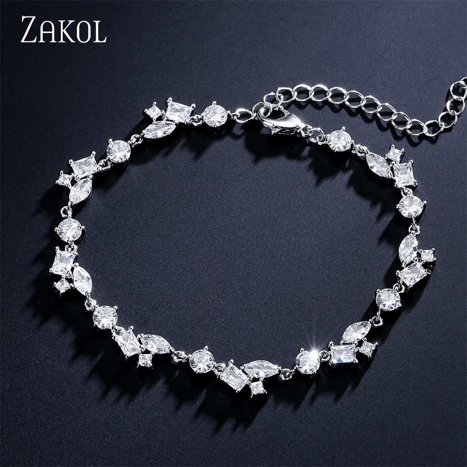 ZAKOL Delicate Leaf Shape Zircon Women's Link Bracelet Copper Micro-inlaid Simple Fashionable Bride Wedding Jewelry Accessories
