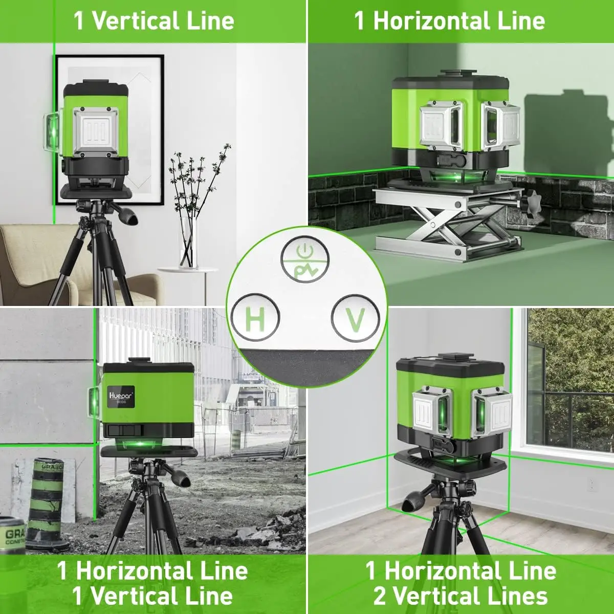 Huepar 3D Laser pelevelan sendiri, alat Laser lantai pelevelan tiga pesawat sinar hijau 3x360 dengan kendali jarak jauh
