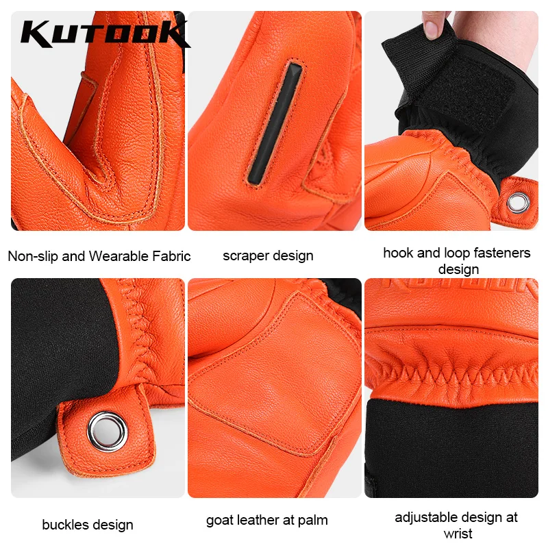 KUTOOK Goat Skin Winter Ski Gloves Mittens Thermal Skiing Snowboard Gloves for Men Leather Mountaineering Protection Accessories