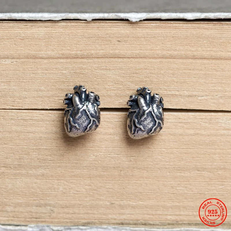 YIZIZAI Punk Retro Style Anatomical Human Heart Stud Earrings 100% 925 Sterling Silver Heart Beat Earring Men Women Jewelry Gift