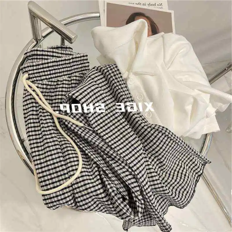 Pantaloni casual plissettati scozzesi bianchi Bla da donna a vita alta gamba larga misto cotone vestibilità comoda coreano Sle Spring Faion