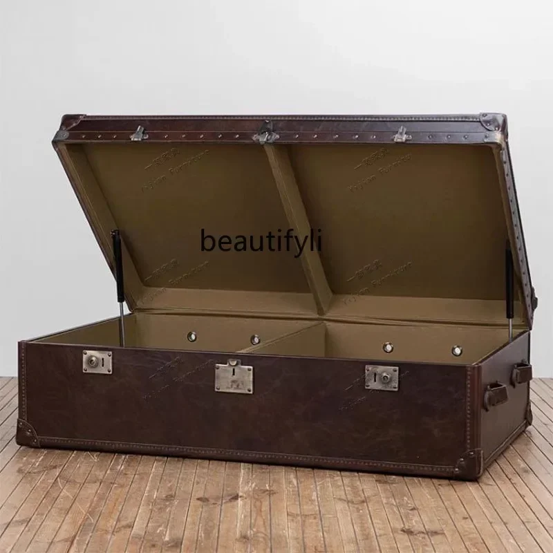 yj7 American retro leather coffee table decorative cabinet, ancient style homestay oil wax leather suitcase coffee table
