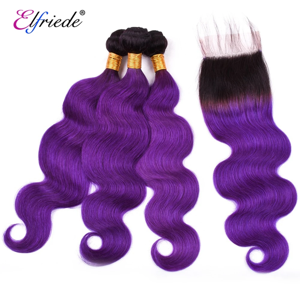 Elfriede #T1B/Purple Body Wave Precolored Hair Bundles with Closure Brazilian Human Hair Wefts 3 Bundles with Lace Closure 4x4