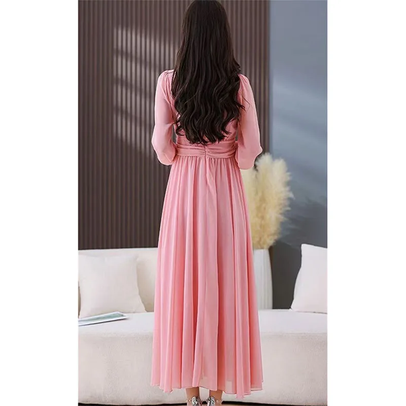 Elegante Boho Donna O-Collo Sottile Elastico in Vita A-Line Abito Midi Pipistrello Manica Lunga Casual Vacanza Ufficio Abito Vintage da Donna