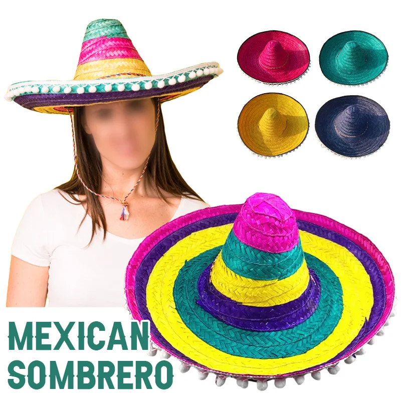 48/53cm Mexican Pompom Straw Hat Fashion Colorful Holiday Sun Hats Wedding Costume Halloween Party Cosplay Cap Props Decorations