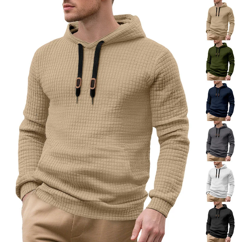 

Men's Breathable Long Sleeve Sweatshirts Solid Color Checked Winter Hooded Pullovers Casual Versatile Loose Sports Hoodies Man