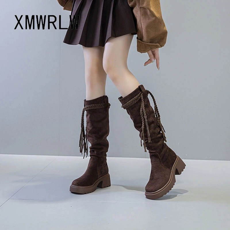 

XMWRLW 2025 Autumn Winter Women Knee High Boots Slip on Shoes Fashion High Heels Female Boot Warm Plush Women Winter Boot Shoes