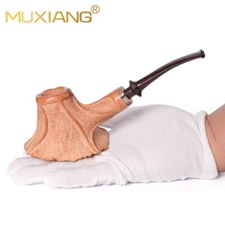 MUXIANG Hand-carve solid wood pipe Original wood color briar wood pipe Large volcano model pipe Soft vulcanize rubber pipe mouth