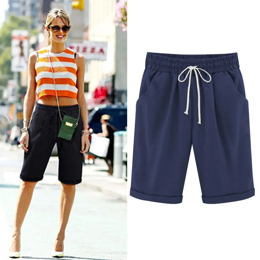 

Butt-lifting Shorts Stylish Summer Women's Knee-length Shorts with Drawstring Elastic Waist Wide Leg Design Side Pockets for A