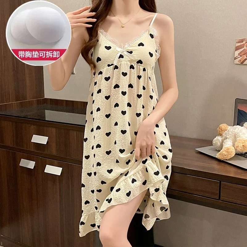 2024 Summer Cotton Print Sexy Lace Lingerie Spaghetti Strap Nightgowns for Women Korean Sleepwear Nightdress Night Dress Nighty