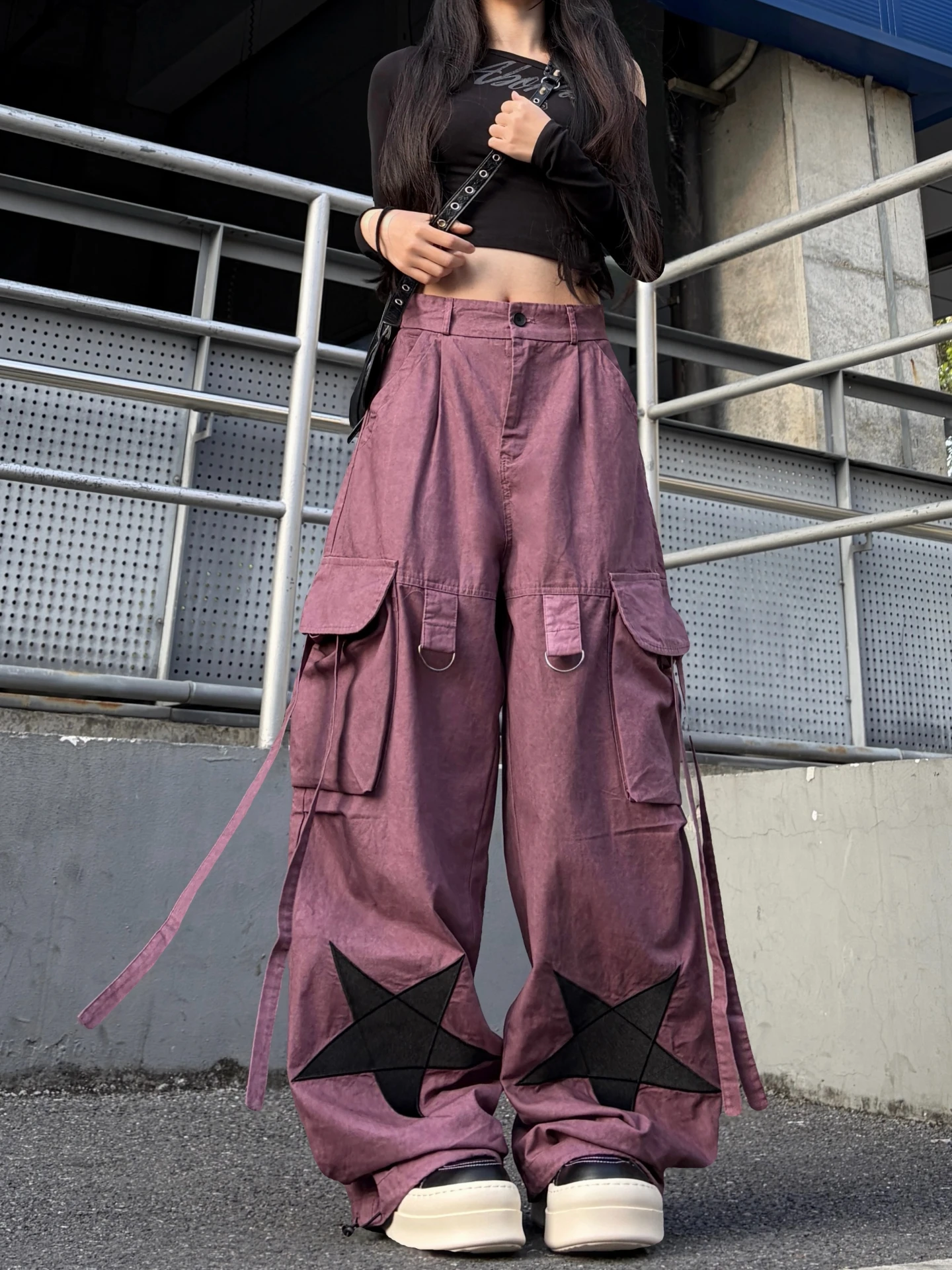 

Pink Embroidered Sash Street Dance Work Pants with Pockets Wide Leg Hip Hop Casual Trousers for Men And Women
