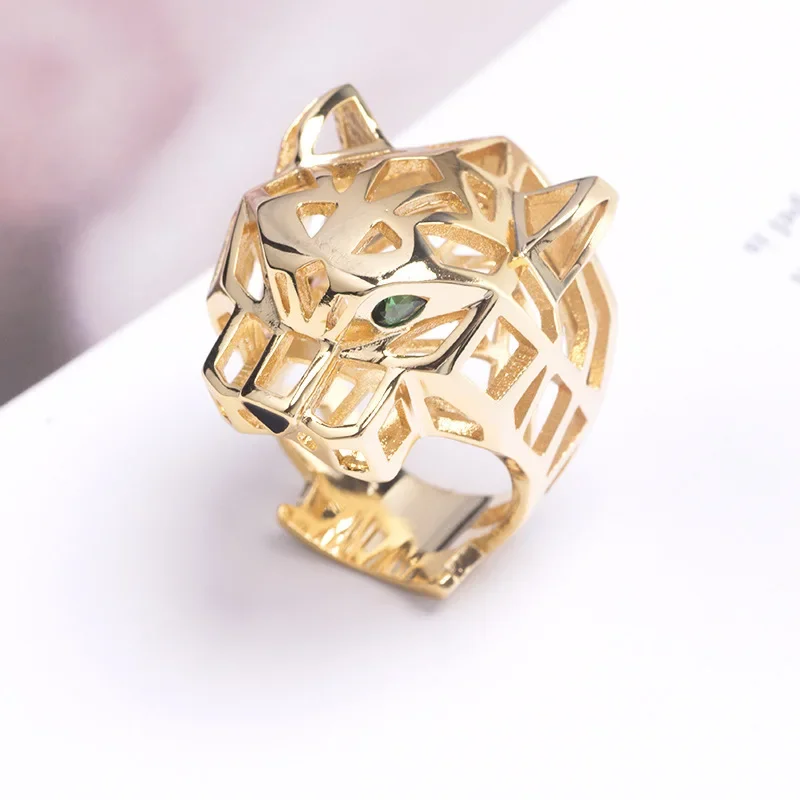 

SFE Europe America Luxury Style Men Women Lady Hollow Out Inlaid Green Zircon Eyes Leopard Head Plated Gold Color Lovers Ring