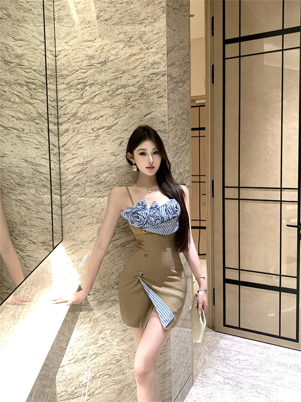 BaiYaan Summer Floral Print Color Blo Strap Dr Gonna da donna slim fit irt Sle A-Line Silhouette Ins Sle