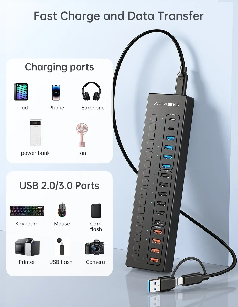 Acasis-USB 3.0スプリッター,5gbps,USB-Cスプリッター,16ポート