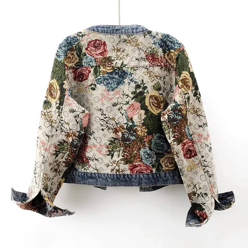 Autumn New Vintage Jacquard Long-Sleeved O-Neck Denim Coat Women Fashion Short Splice Jeans Jacket Female Loose Outerwear B021