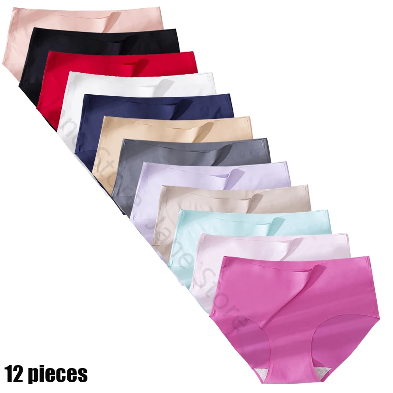 

12Pcs Panties Women Seamless Briefs Female Underpants Ultra-thin Underwear Cute Solid Comfy Sexy Lingerie Ice Silk M-XXXL