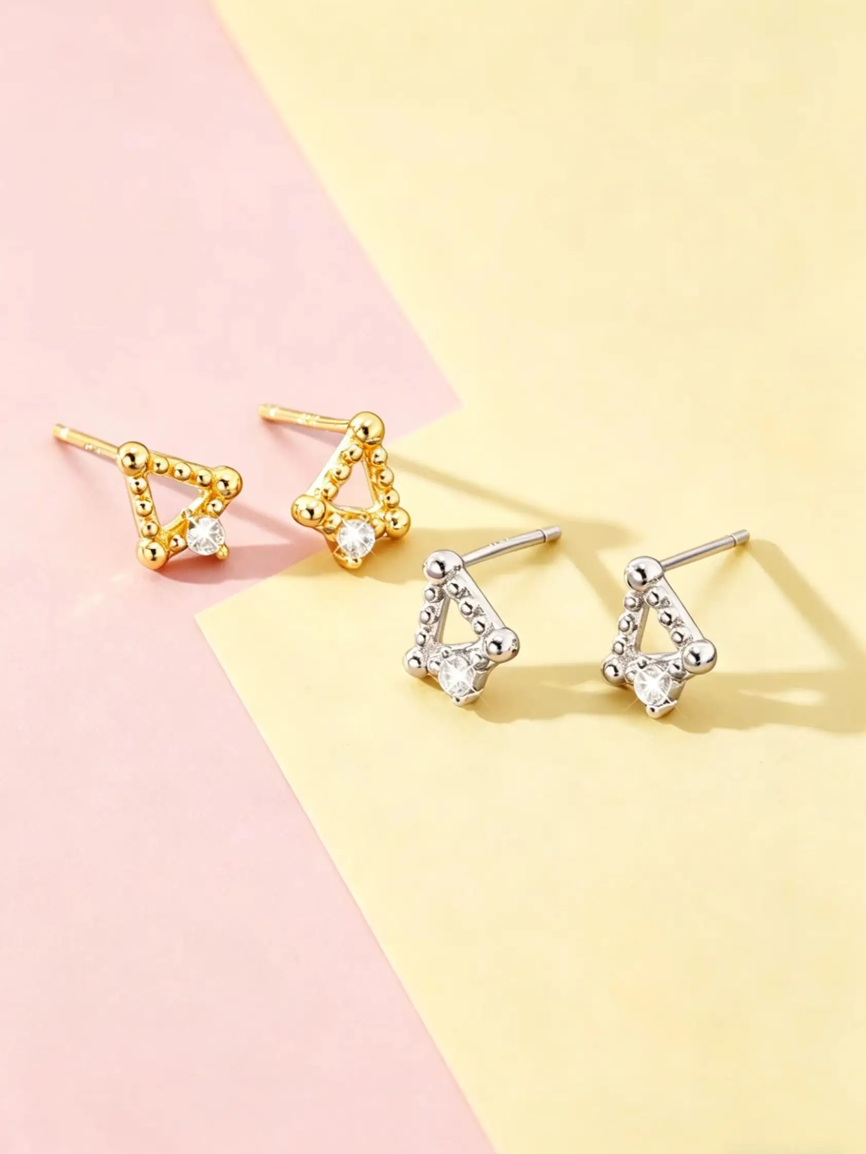

S925 Silver Dainty Cubic Zirconia Triangle Stud Earrings, Gold/Silver Plated Beaded Edge Earrings, Fashion Casual Accessories