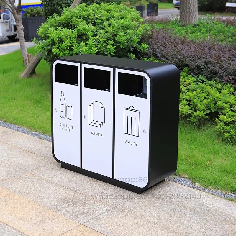 Customized Metal Mobile 3 Compartments Trash Bin Waste and Recycled Trash Can Commercial Large Garbage Bin for Public Area