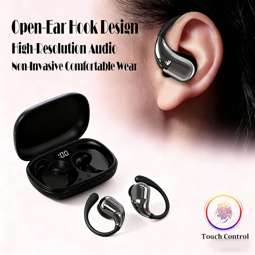 

Bluetooth 5.4 Ear Hook Headphones TWS Wireless Earphones HiFi Stereo Waterproof Headsets LED Display Long Standby Touch Earbuds