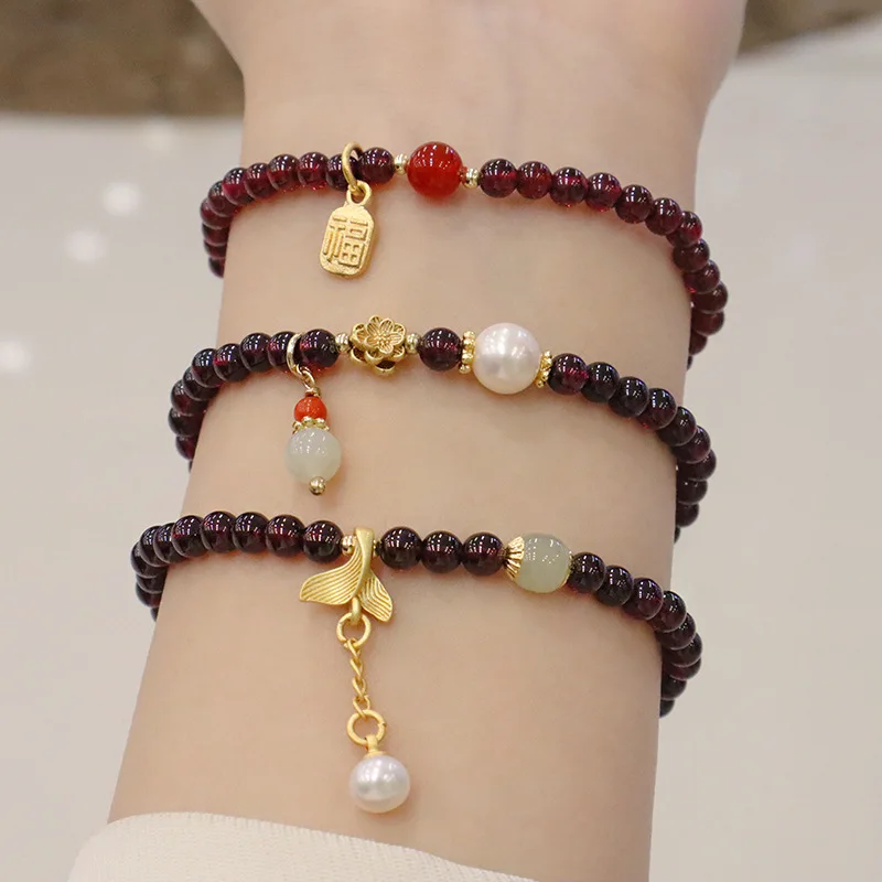 Chinese Style Natural Garnet Jewelry Fishtail Fu Brand Jewelry New Chinese Style Hetian Jade Pearl Bracelet Jewelry Guardian