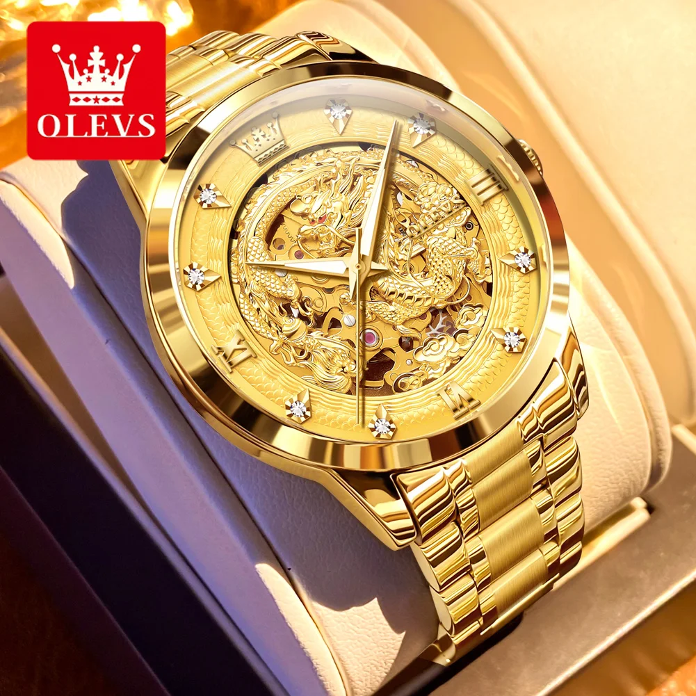 OLEVS Men Watches Top Brand Luxury Gold Original Automatic Mechanical Wristwatch for Man Dragon Pattern Dial Waterproof Luminous