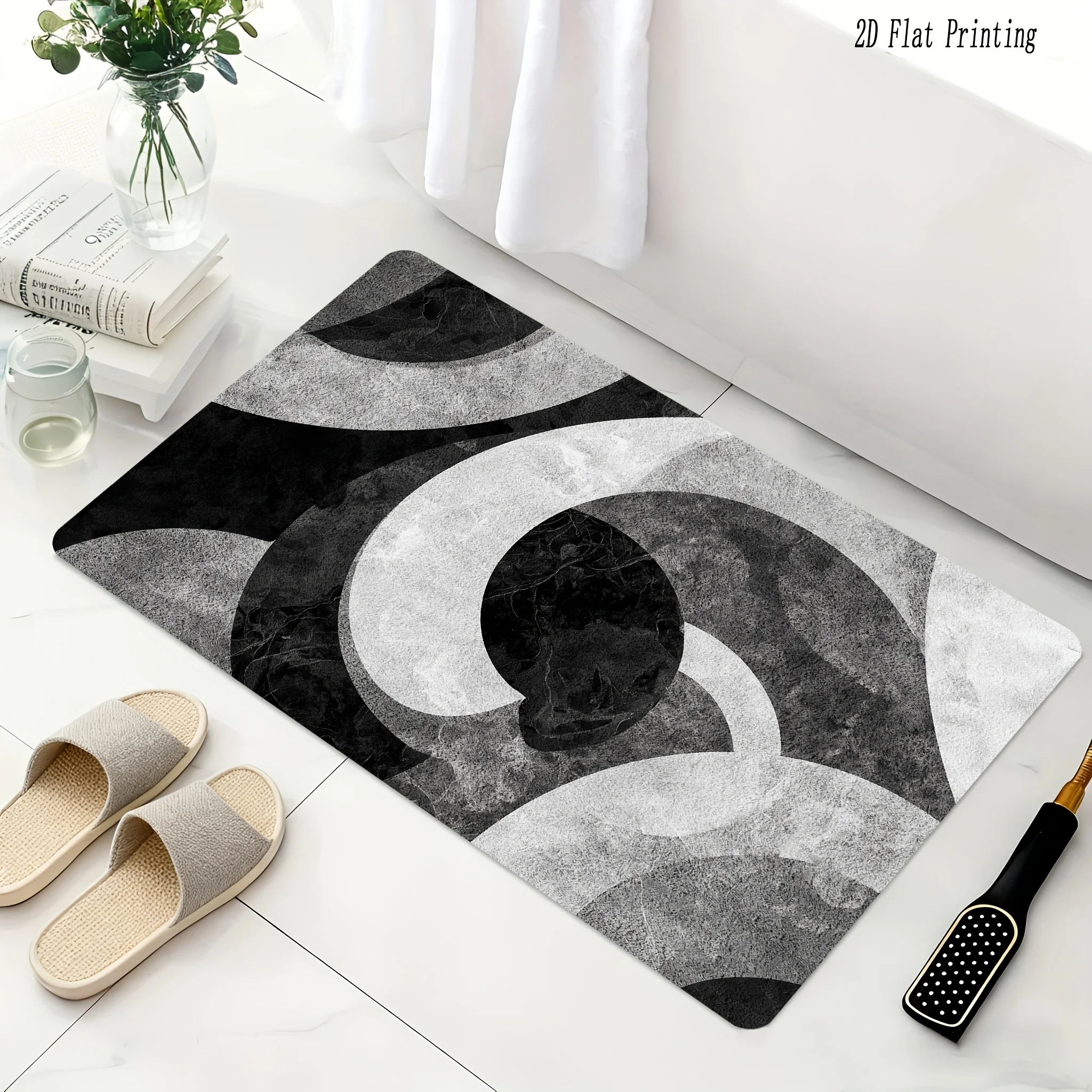 2D Flat, 2D Flat, 2D Flat Modern Minimalist Black White Grey Abstract Pattern Bath Mat | Non-Slip, Easy Clean, Versatile Pract