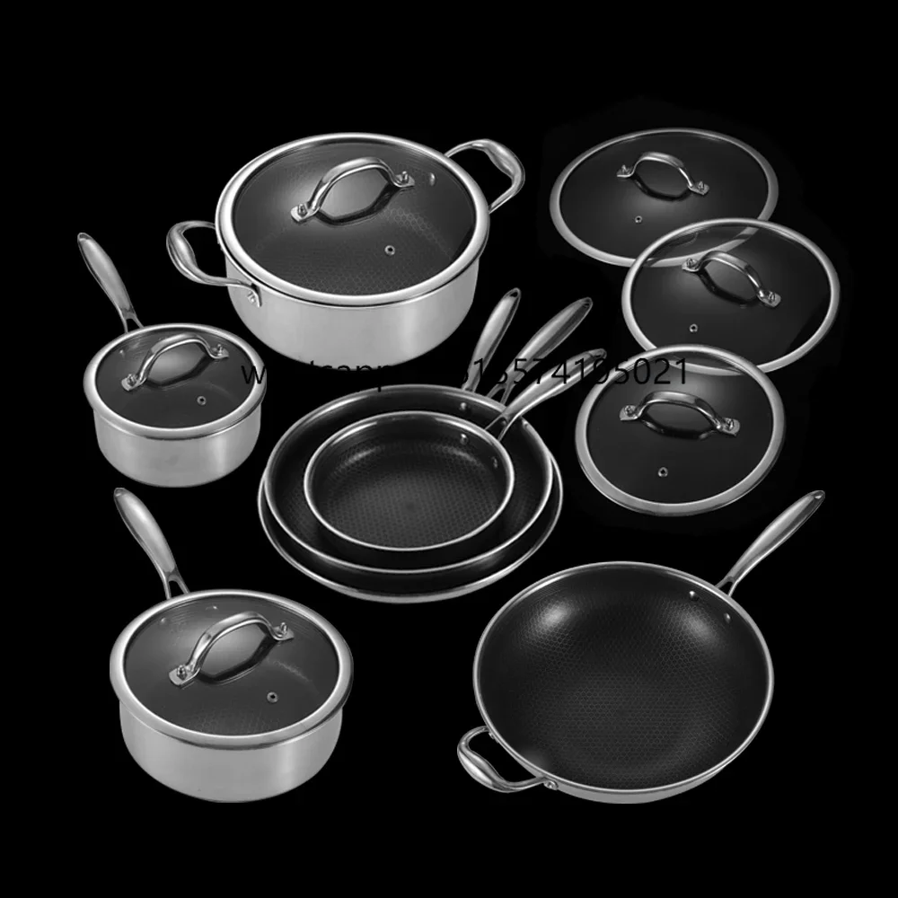 

T13 Pc Hex Hybrid Cookware Set W/ Lids Non Stick Stainless Steel Wok Clad Kitchenware Clod 3-ply Stainless Steel Honeycomb