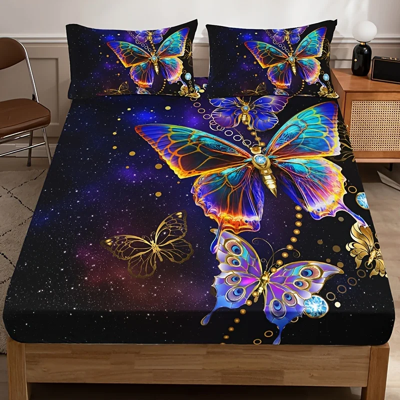 Fashion Luxury Fitted Sheet Set Soft Comfortable Breathable Color Butterfly Print Bedding Set For Bedroom Guest Room