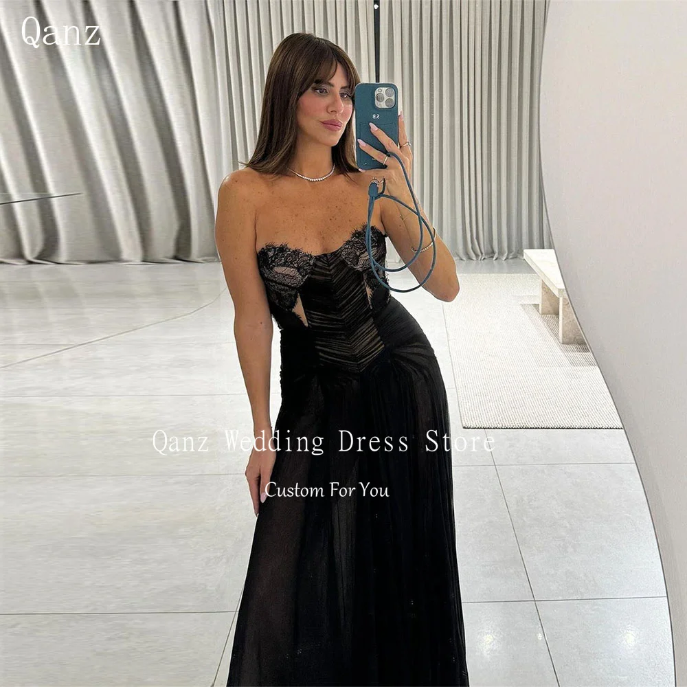 

Qanz A-Line Formal Evening Dresses Tulle Pleat Lace Appliques Sweetheart Prom Dresses Party Gowns Vestidos De Noite Customized