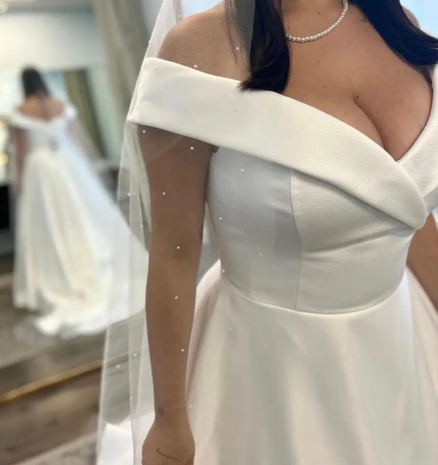 Fora do ombro simples vestido de casamento de cetim branco até o chão para as mulheres vestido de noiva até o chão elegante robe de mariee 2022