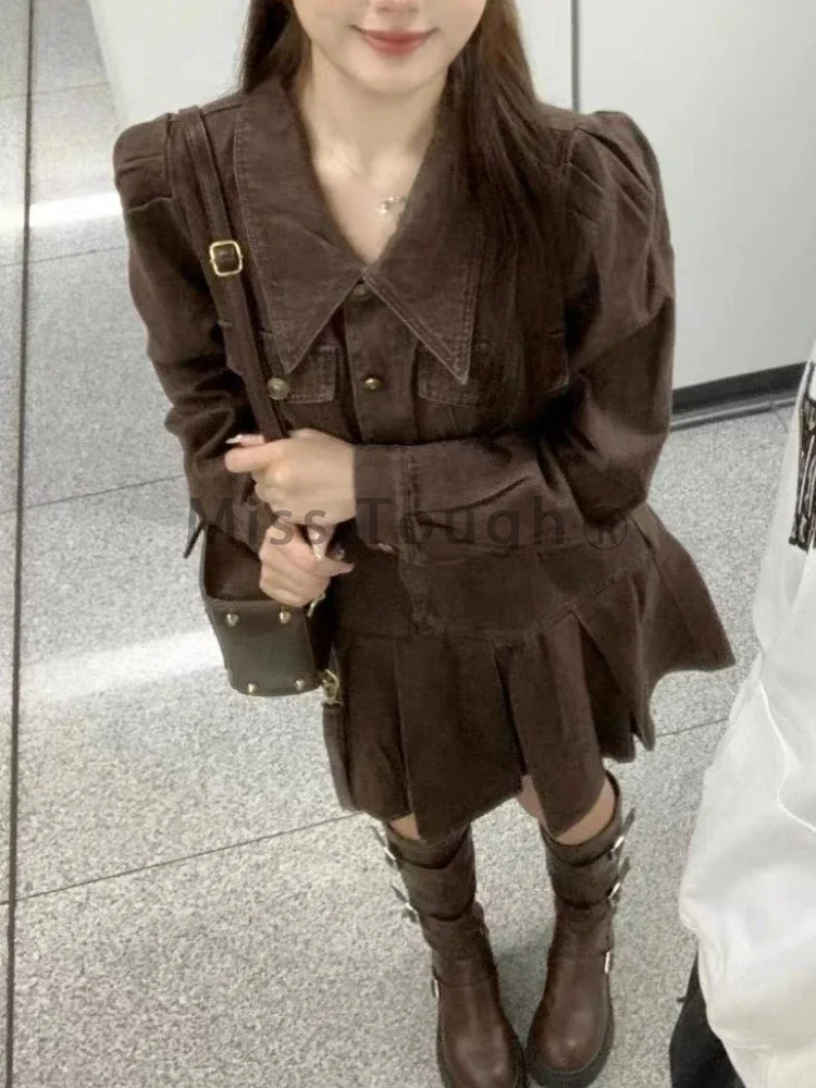 Winter Brown Retro Vintage Dress Women Patchwork Y2k Harajuku Dress Female Korean Fashion Designer One Piece Mini Dress 2023 New