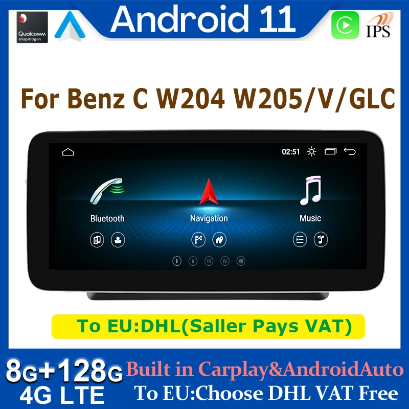 

Android 11 GPS Navigation Screen Carplay 8 Core 8G+128G Car Multimedia Player For Benz C W204 W205 GLC-X25 V CLASS 2008-2021