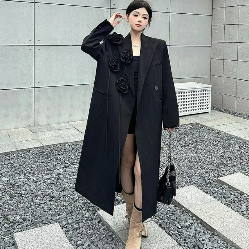 

Новый стиль, черный длинный пиджак для женщин, высококачественный свободный утолщенный костюм с объемным цветком, верхняя одежда 2026, осень/зима