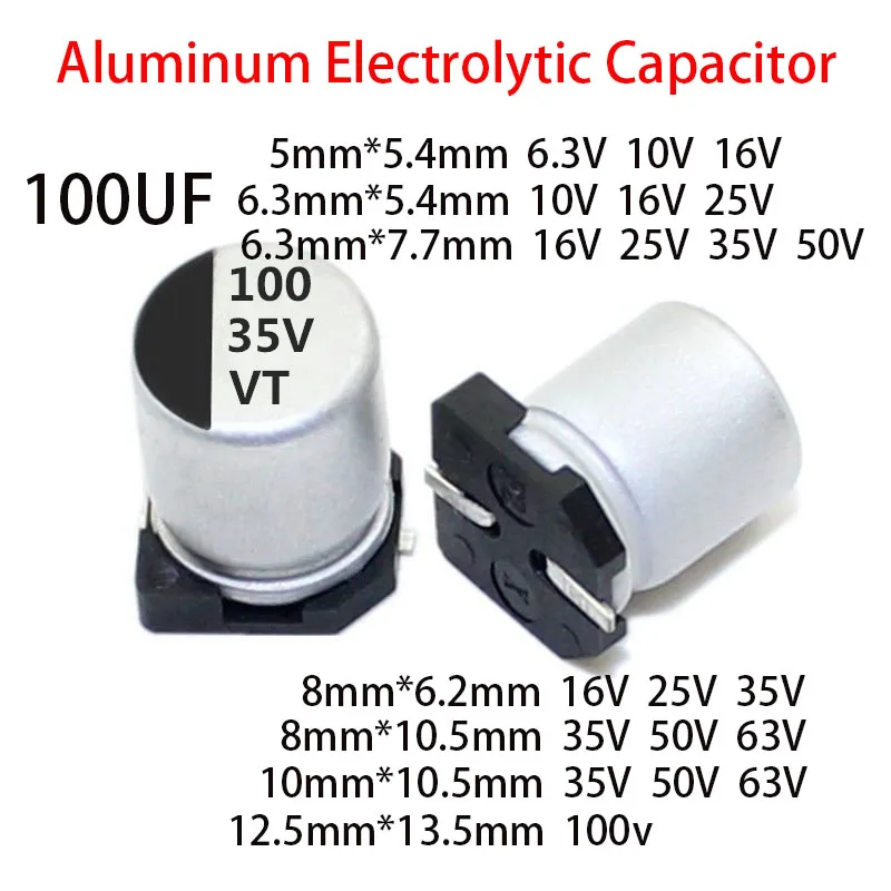 20 SZTUK/PARTIA 100UF SMD Aluminiowy Kondensator Elektrolityczny 6.3V 10V 16V 25V 35V 50V 63V 100V 5X5.4 6.3X5.4X6.3X7.7 8X6.2 8X10.5 100UF
