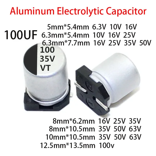 20 SZTUK/PARTIA 100UF SMD Aluminiowy Kondensator Elektrolityczny 6.3V 10V 16V 25V 35V 50V 63V 100V 5X5.4 6.3X5.4X6.3X7.7 8X6.2 8X10.5 100UF
