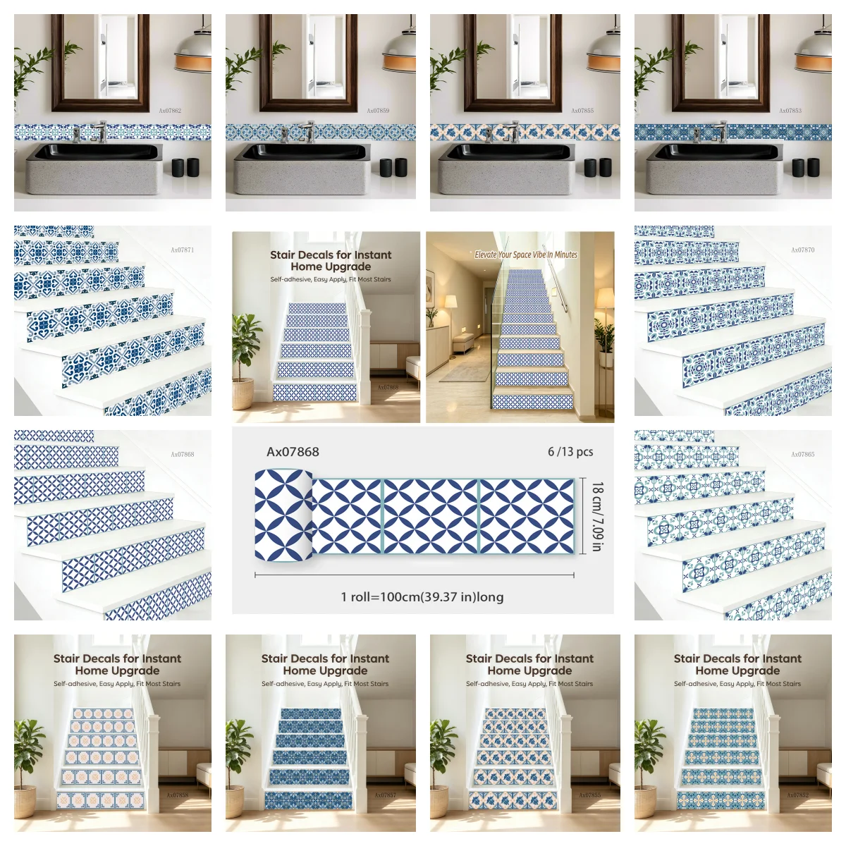 Classic Bird Floral Tile Stair Decals Peel Stick Staircase Sticker Wallpaper Kitchen Bathroom Backsplash Home Wall Border Decor