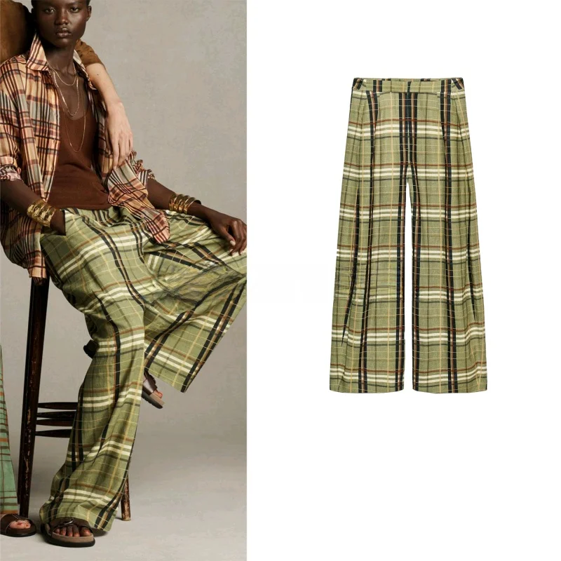 

Женские повседневные брюки прямого кроя из смесовой ткани в клетку с высокой талией на молнии, для офиса, осенняя новинка