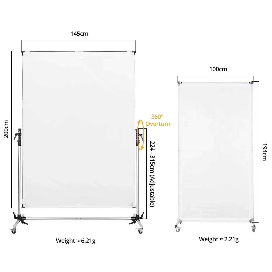 Pro Studio Solutions Adjustable Direction 150x200cm Collapsible Sun Scrim, Diffuse & Silver Black Reflector Kit with Wheel