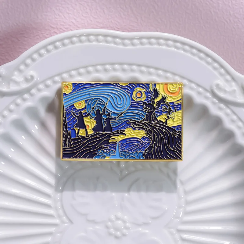 new products Van Gogh natural oil painting series castle under the starry sky cartoon bag clothing decoration paint brooch2024