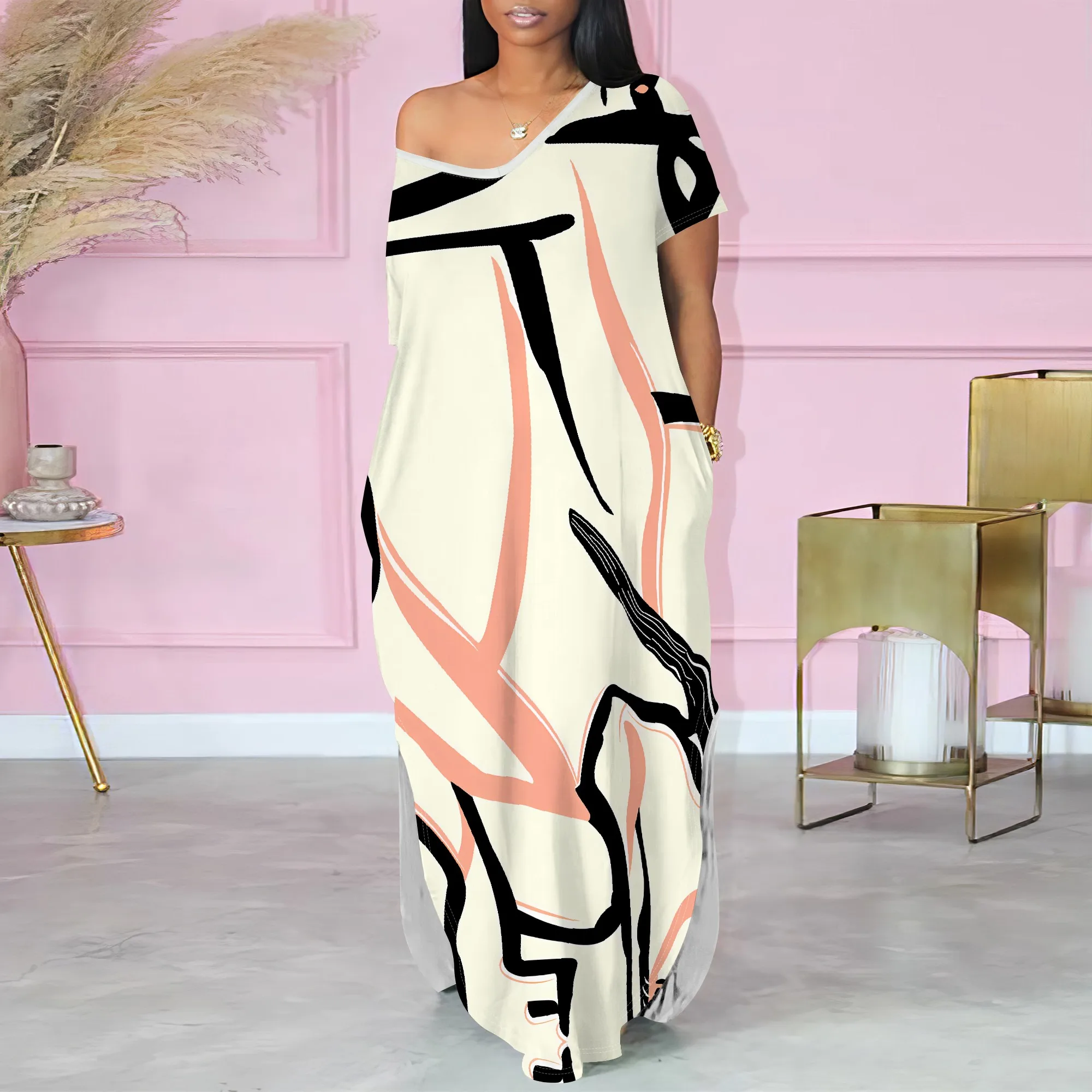 Elegant Artistic Maxi Dress Women Summer Loose Off Shoulder Dress Watercolor Brush Print Robe Casual